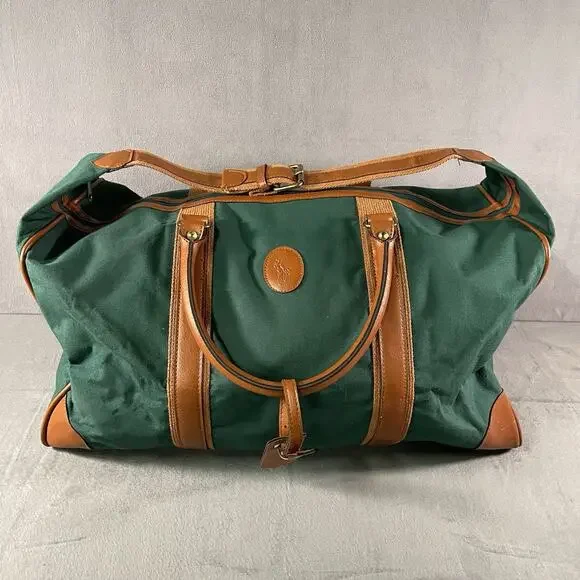 Vintage Ralph Lauren Polo Green Canvas Large Duffle Bag Weekend Travel Carry On - Picture 1 of 12